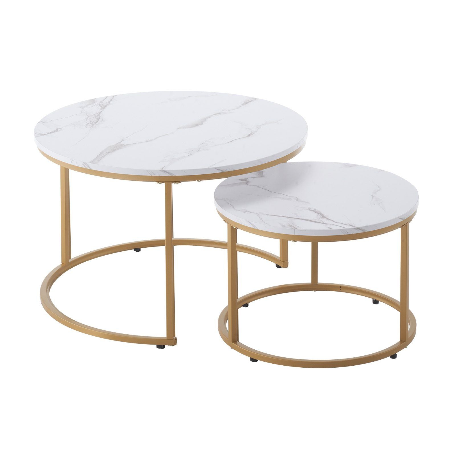 Nesting Coffee Table Set of 2, 700 mm Round Coffee Table, Nesting Tables for Small Place, Vintage End Side Tables Night Stand with Metal Frame, for Living Room, Bedroom, Office (White & Gold)