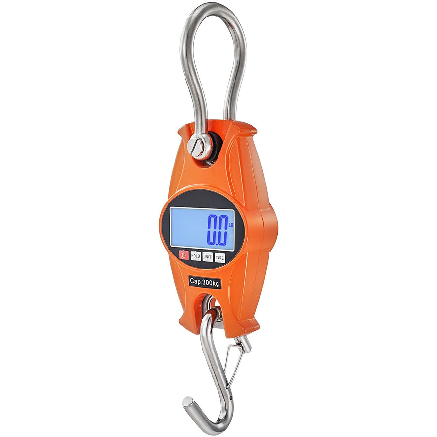 Digital Crane Scale, 660 lbs/300 kg, Industrial Heavy Duty Hanging Scale with Cast Aluminum Case & LCD Screen, Handheld Mini Crane with Hooks for Farm, Hunting, Fishing, Outdoor, Garage (Orange)