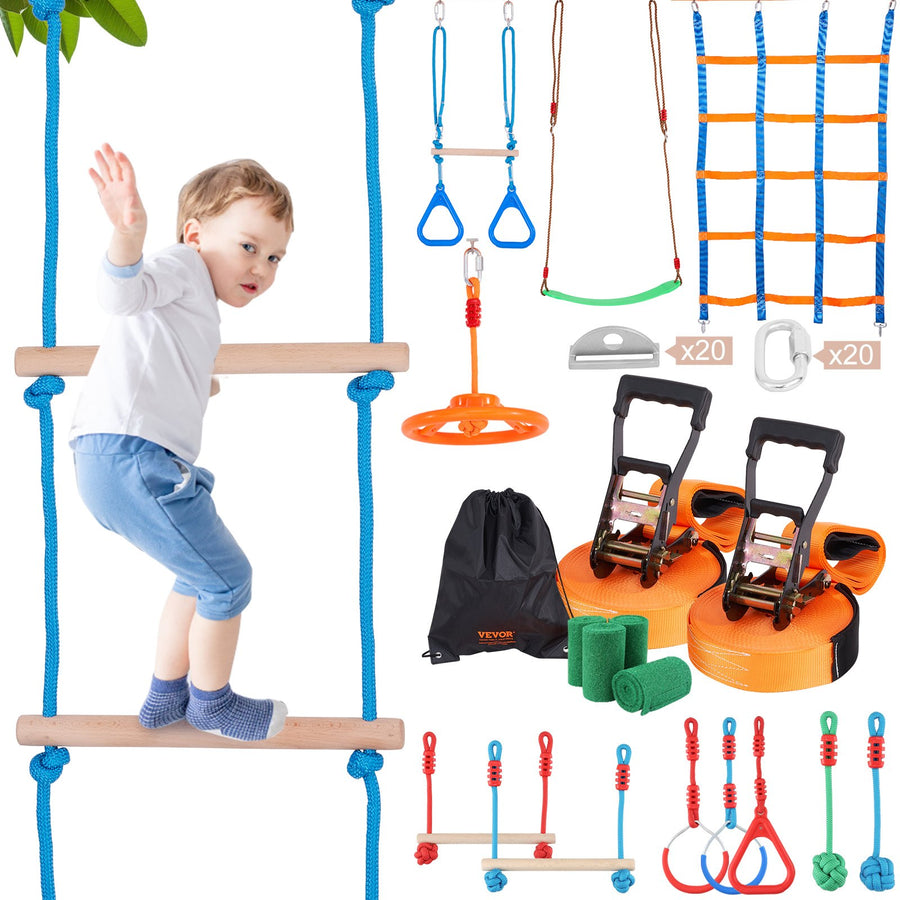 VEVOR Ninja Warrior Obstacle Course for Kids, 2 x 15.24 m Weatherproof Slacklines, 228kg Weight Capacity Monkey Line, Outdoor Playset Equipment, Backyard Toys Training Equipment Set with 12 Obstacles