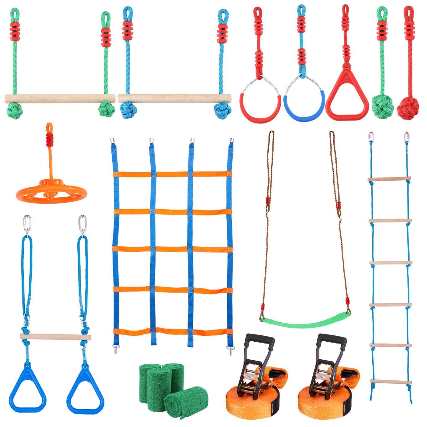 Ninja Warrior Obstacle Course for Kids, 2 x 19.8m Weatherproof Slacklines, 500lbs Weight Capacity Monkey Line, Outdoor Playset Equipment, Backyard Toys Training Equipment Set with 12 Obstacles