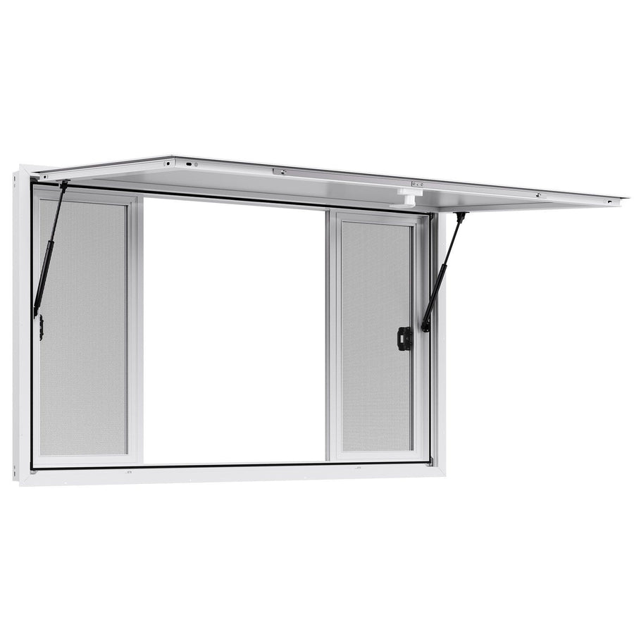 Concession Window 1524x915 mm, Aluminum Alloy Service Window for Food Truck, Up to 85 Degrees Stand Serving Window with 4 Sliding Windows, Awning Door, and Drag Hook, for Concession Trailers
