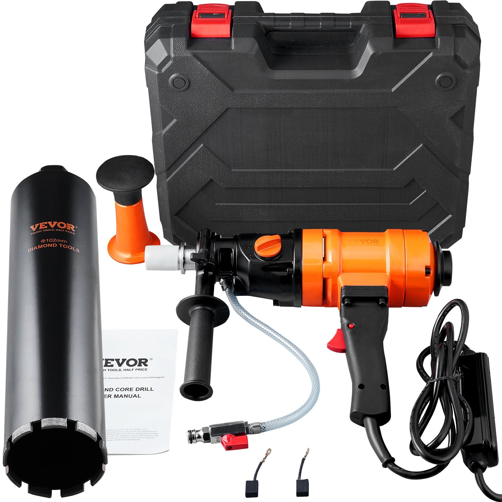 Diamond Core Drilling Machine, 4in Handheld Wet Concrete Core Drill Rig, 1100-2400RPM Two Speed & 1-1/4" Thread & 2 Bubble Levels, 3-4in Drilling Diameter for Concrete Brick Block Stone, 1500W