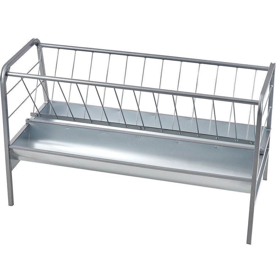Livestock Hay Feeder, 2 in 1 Grain & Hay Feeder, 80-Gallon Capacity Pasture Feeder, 59" Long Goat Hay Feeder with Deeper Feeding Pan, Heavy Duty Steel Grain & Hay Holder for Sheep Farms Sheds