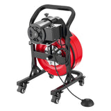 Drain Cleaner Machine 15m x 13mm, Manual Feed Sewer Snake Auger on Wheels - with 4 Cutters & Air-activated Foot Switch for 50mm to 150mm Pipes