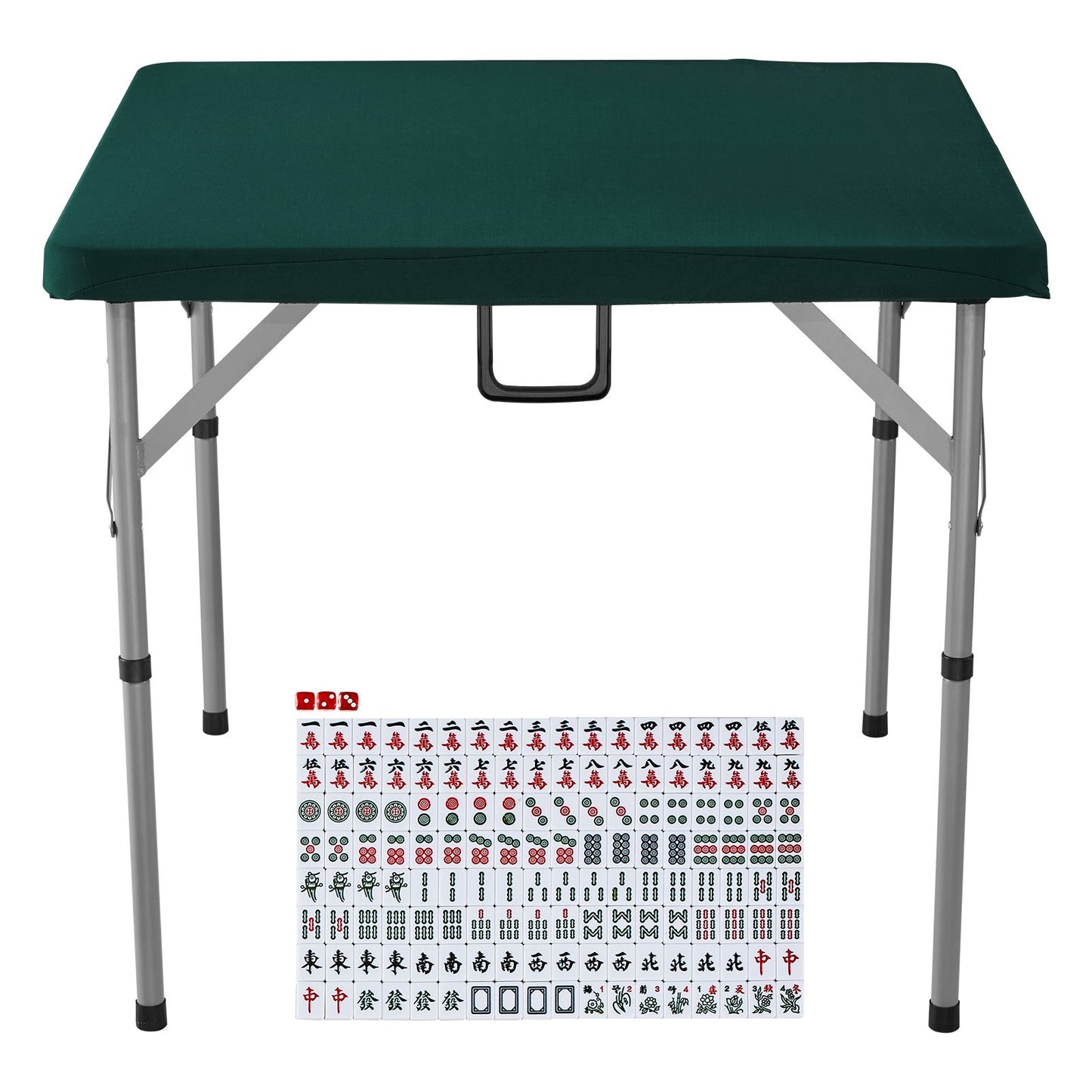 Mahjong Table with Mahjong Tiles Set, Fold-in-Half 4 Player Card Table with 144PCS Majiang Tiles and 3 Dice, Portable Bi-Folding Domino Table with Wear-Resistant Green Tabletop & Carrying Handle