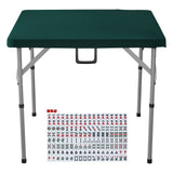 Mahjong Table with Mahjong Tiles Set, Fold-in-Half 4 Player Card Table with 144PCS Majiang Tiles and 3 Dice, Portable Bi-Folding Domino Table with Wear-Resistant Green Tabletop & Carrying Handle