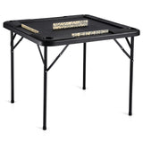 Mahjong Table, Square 4 Player Folding Card Table with 4 Cup Holders & 4 Chip Trays, Portable Domino Game Table with 1 Set of Dominoes for Mahjong Poke Puzzles, 90 x 90-inch, Black