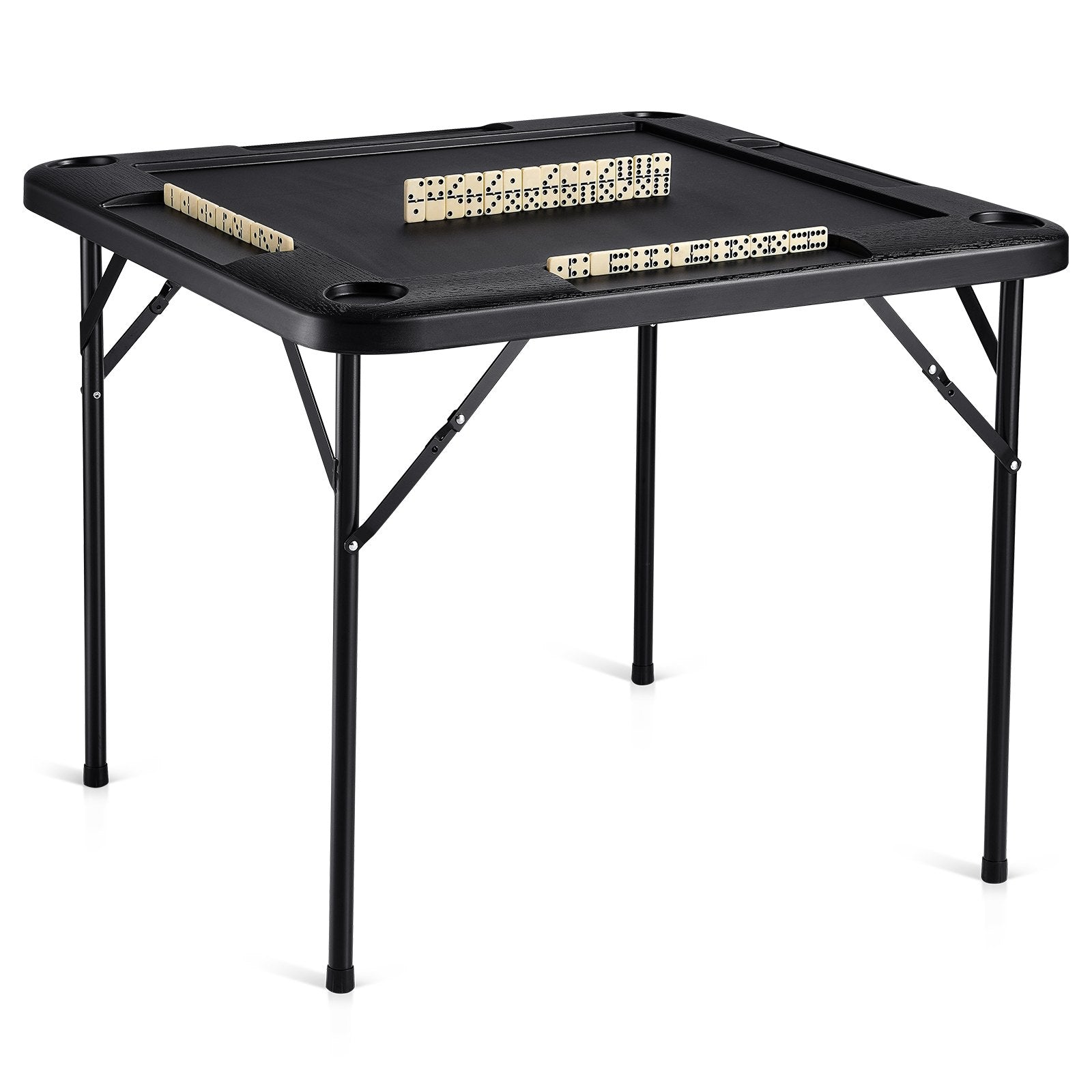 Mahjong Table, Square 4 Player Folding Card Table with 4 Cup Holders & 4 Chip Trays, Portable Domino Game Table with 1 Set of Dominoes for Mahjong Poke Puzzles, 90 x 90-inch, Black
