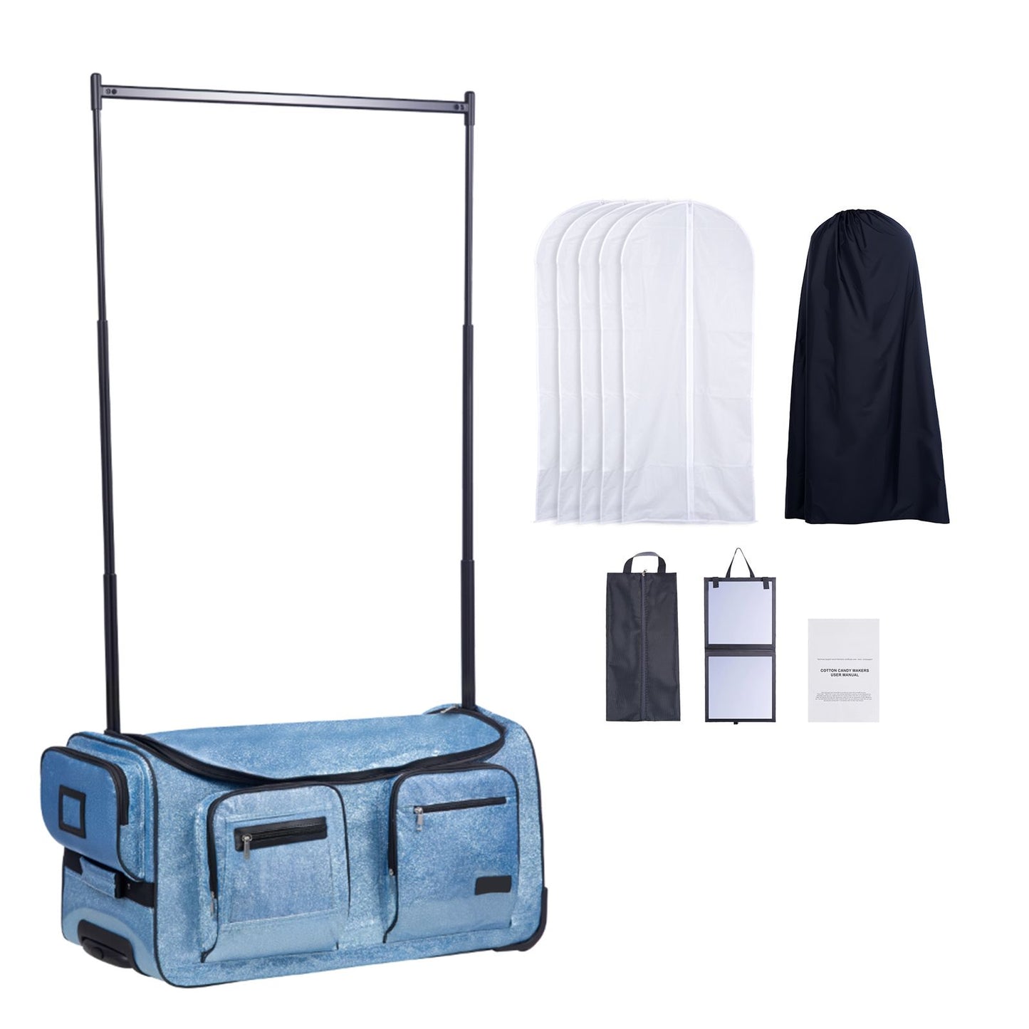 Dance Bag with Garment Rack, 736.6 mm Rolling Dance Duffel, with Wheels, USB Port, Height Adjustable Clothes Rack, Privacy Protection Curtain, Ideal for Travel and Competitions, Sparkling Blue
