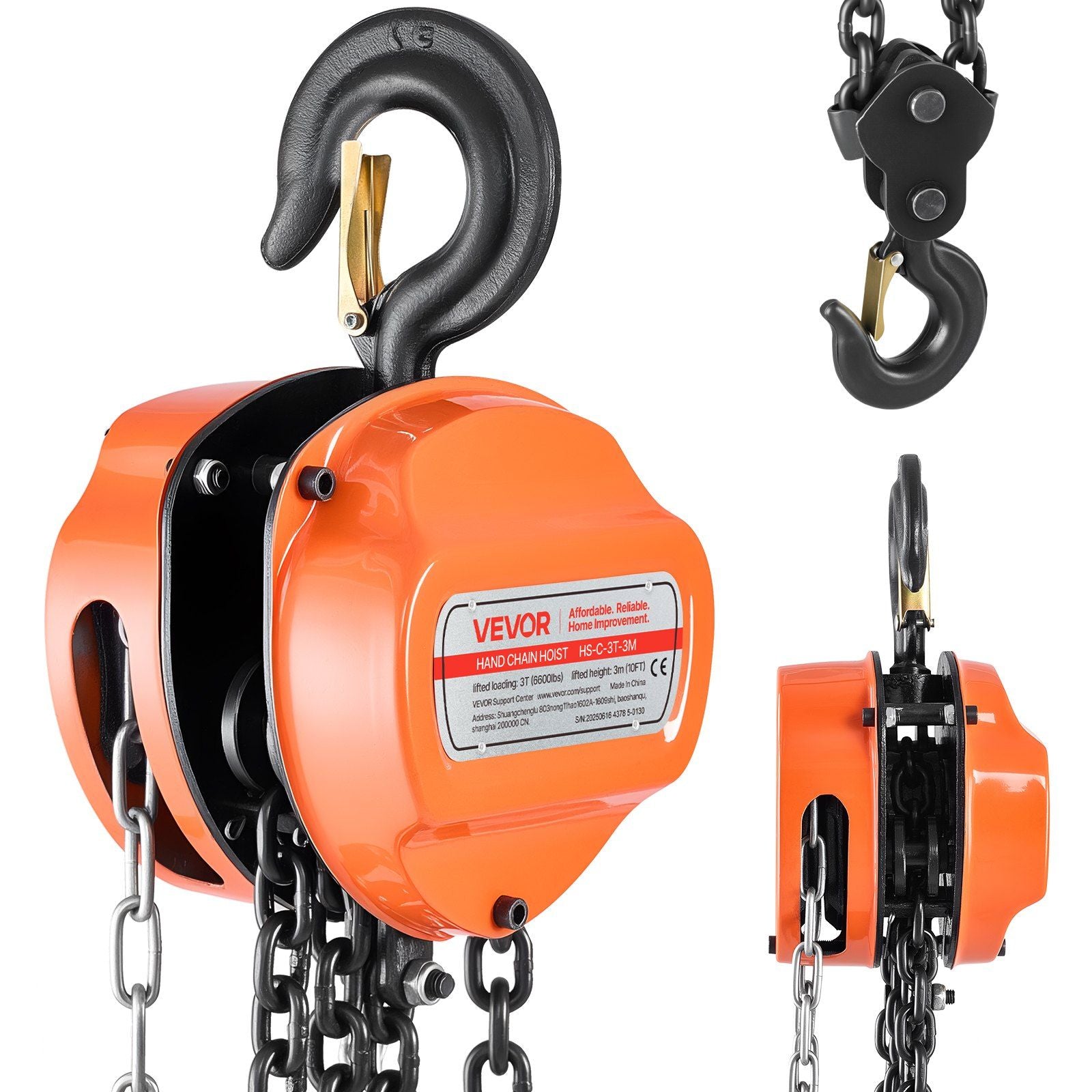 Hand Chain Hoist, 3 Ton Capacity, Manual Chain Block with Upgrade G80 Galvanized Chain, 3 m Lifting Height, Heavy Duty Pulley Hoist for Garage Warehouse Automotive Machinery, Orange