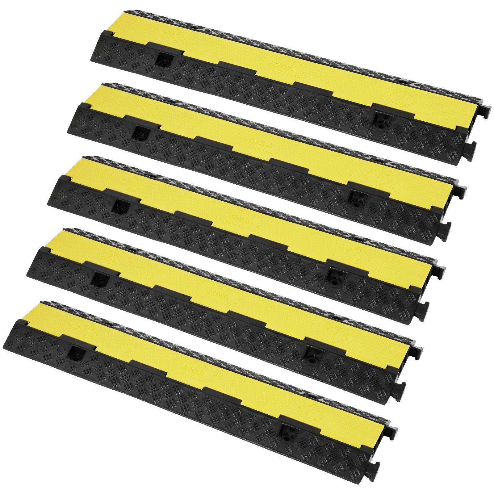 5 PCs Rubber Cable Protector Ramp, 2 Channel, 12000 lbs/axle Capacity Heavy Duty Hose Wire Cover Ramp Driveway, Traffic Speed Bump with Flip-Open Top Cover & 50 ft Warning Tape, for Indoor&Outdo