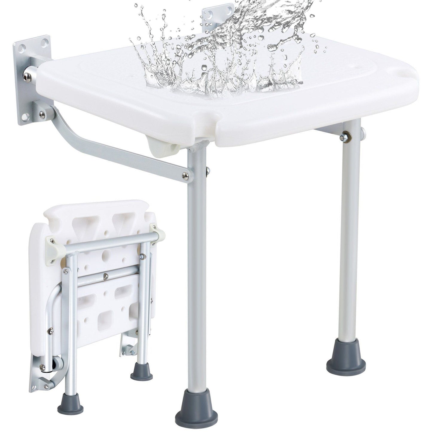 Folding PE Shower Seat, 15.7'' x 14.8'' Unfolded, Wall Mounted Fold Up Shower Bench with 500 lbs Load Capacity, Space Saving Fold Down Shower Chair for Seniors Pregnant Women Children Adults
