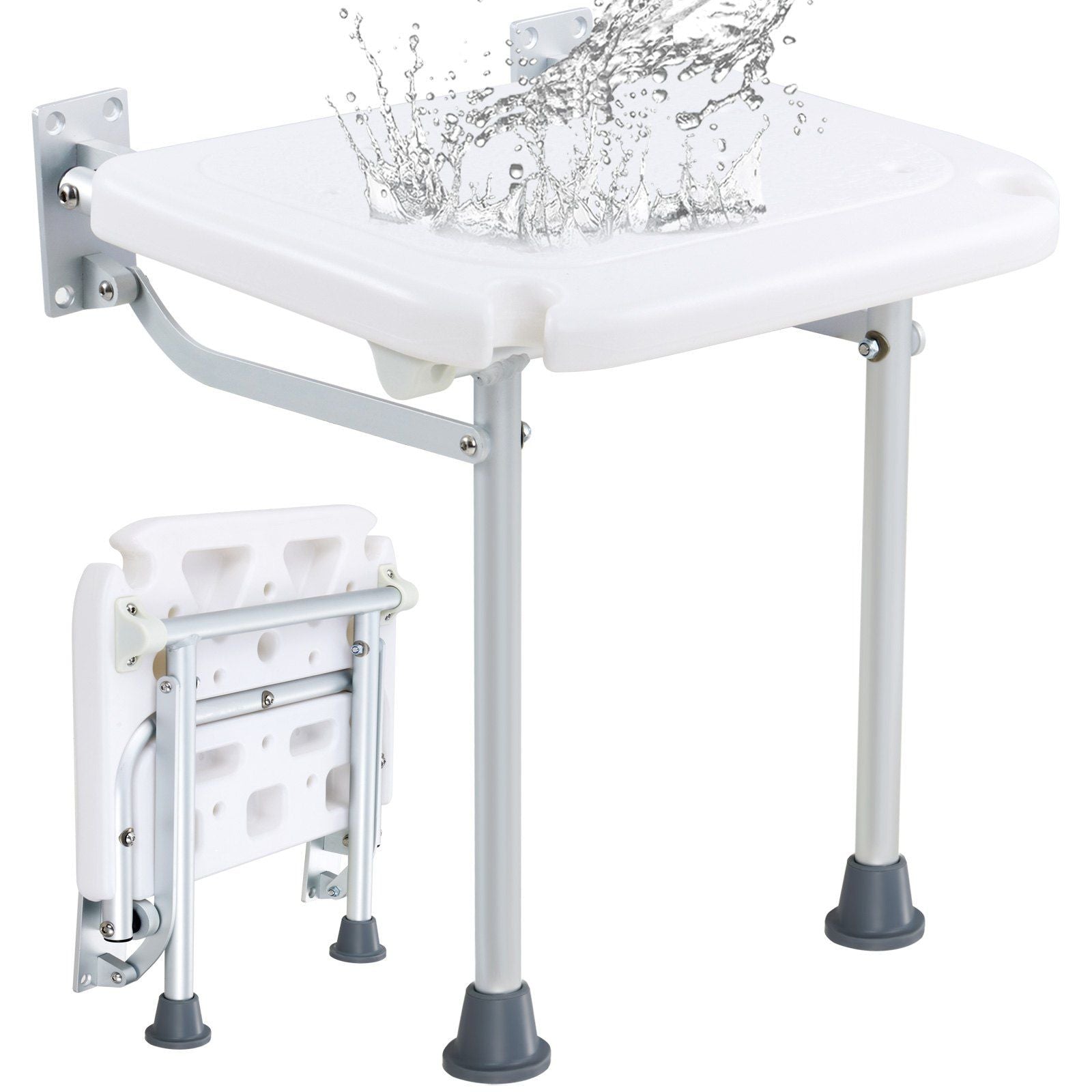 Folding PE Shower Seat, 15.7'' x 14.8'' Unfolded, Wall Mounted Fold Up Shower Bench with 500 lbs Load Capacity, Space Saving Fold Down Shower Chair for Seniors Pregnant Women Children Adults