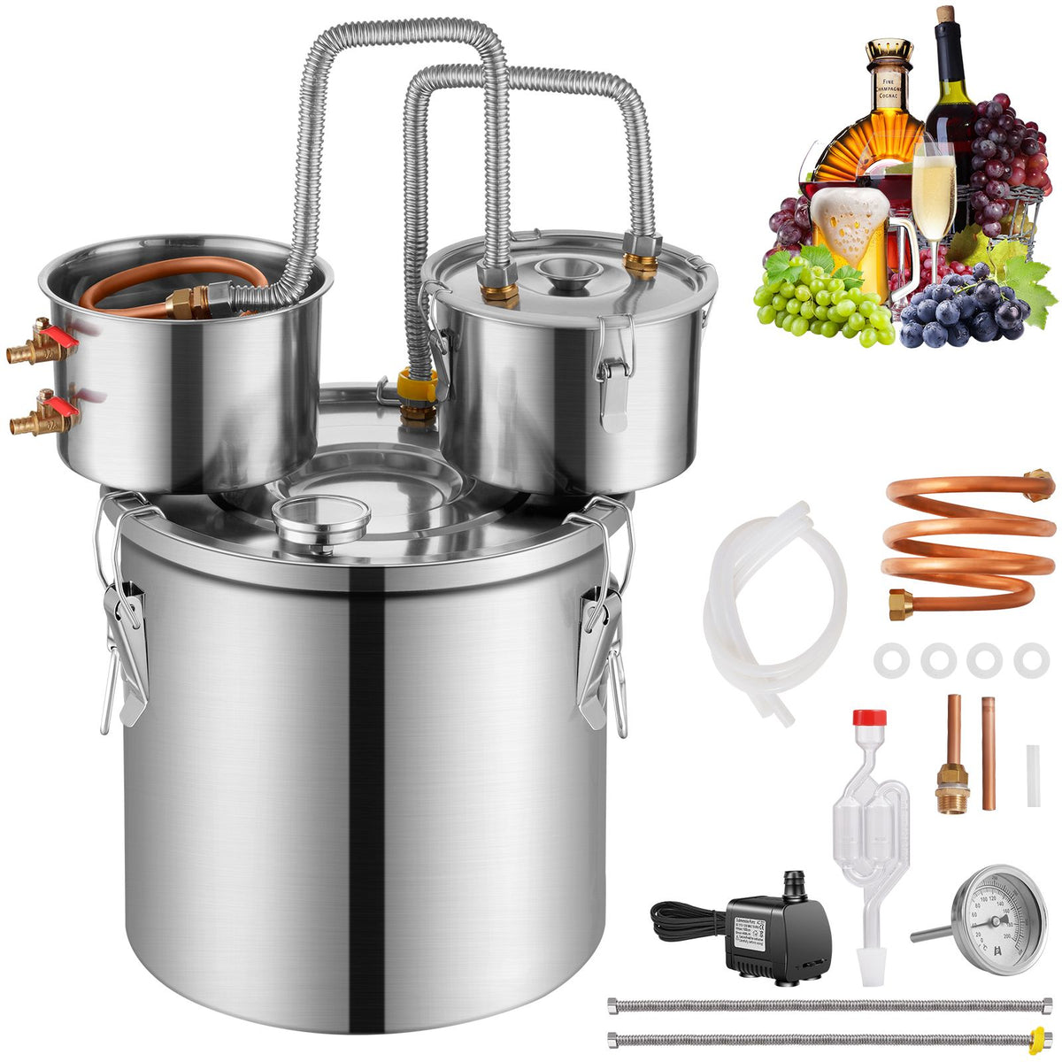 Alcohol Still, 5 Gal / 19 L Stainless Steel Water Alcohol Distiller with Copper Coil for Fast Cooling, Dual Condenser Distiller Kit with Secondary Distillation, for Wine Whisky Brandy, Silver