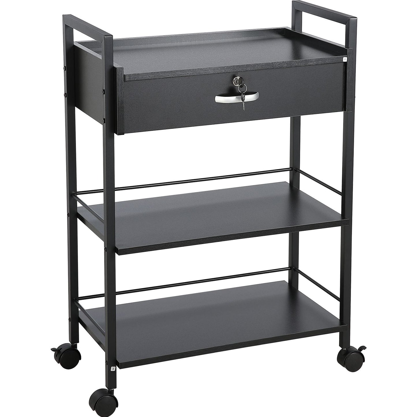 Beauty Salon Trolley Cart, 3-Tier Hair Salon Stations Cabinet for Stylist with Lockable Drawer, MDF Rolling Storage Station with 4 Wheels (2 Lockable) for Beauty SPA Barbershop Tattoo