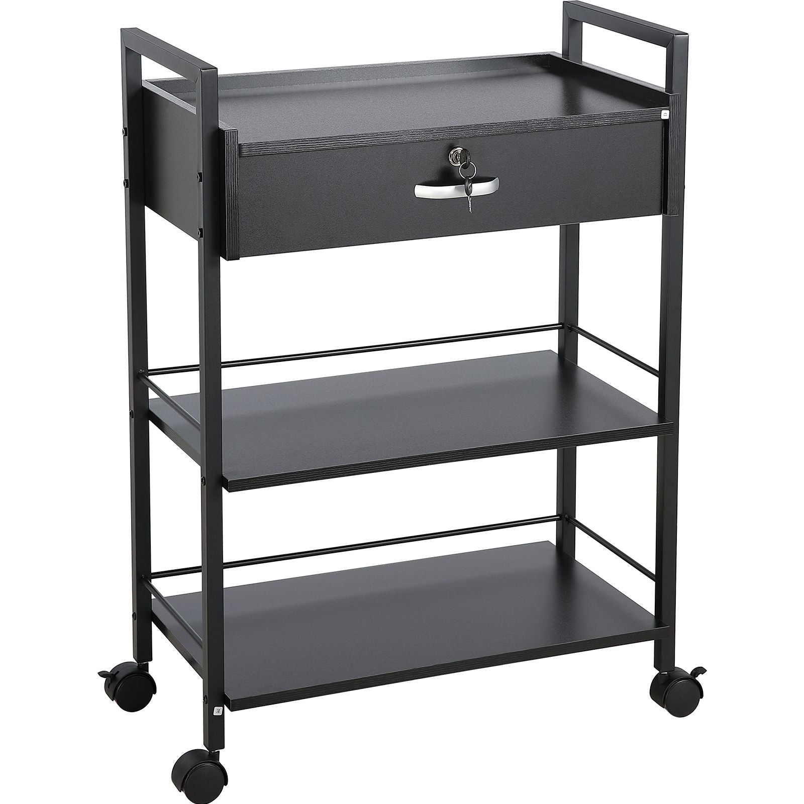 Beauty Salon Trolley Cart, 3-Tier Hair Salon Stations Cabinet for Stylist with Lockable Drawer, MDF Rolling Storage Station with 4 Wheels (2 Lockable) for Beauty SPA Barbershop Tattoo