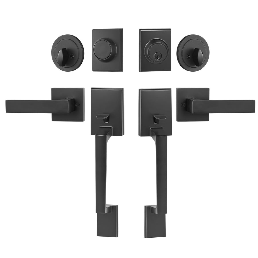 VEVOR Double Door Handle Set, Matte Black Square Door Lever, Heavy Duty Double Front Door Handle Set with Dummy, Double Door Lock Set with Reversible Handle Lever, for Front Door or Office Door