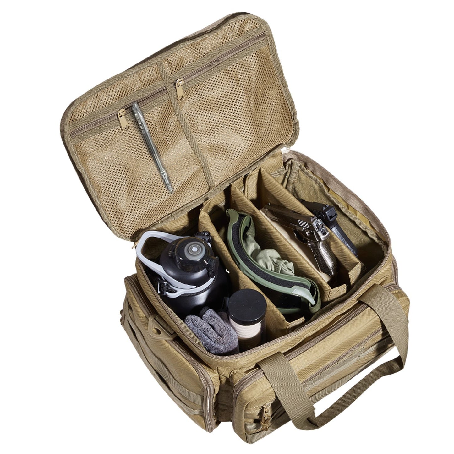 Range Bag for 4 Pistols, Tactical Gun Range Bag with 3 Detachable Baffles & 6 Magazines, Firearm Shooting Handgun Bag for Outdoor Hunting Shooting Pistol Bag with Single Shoulder Strip, Brown