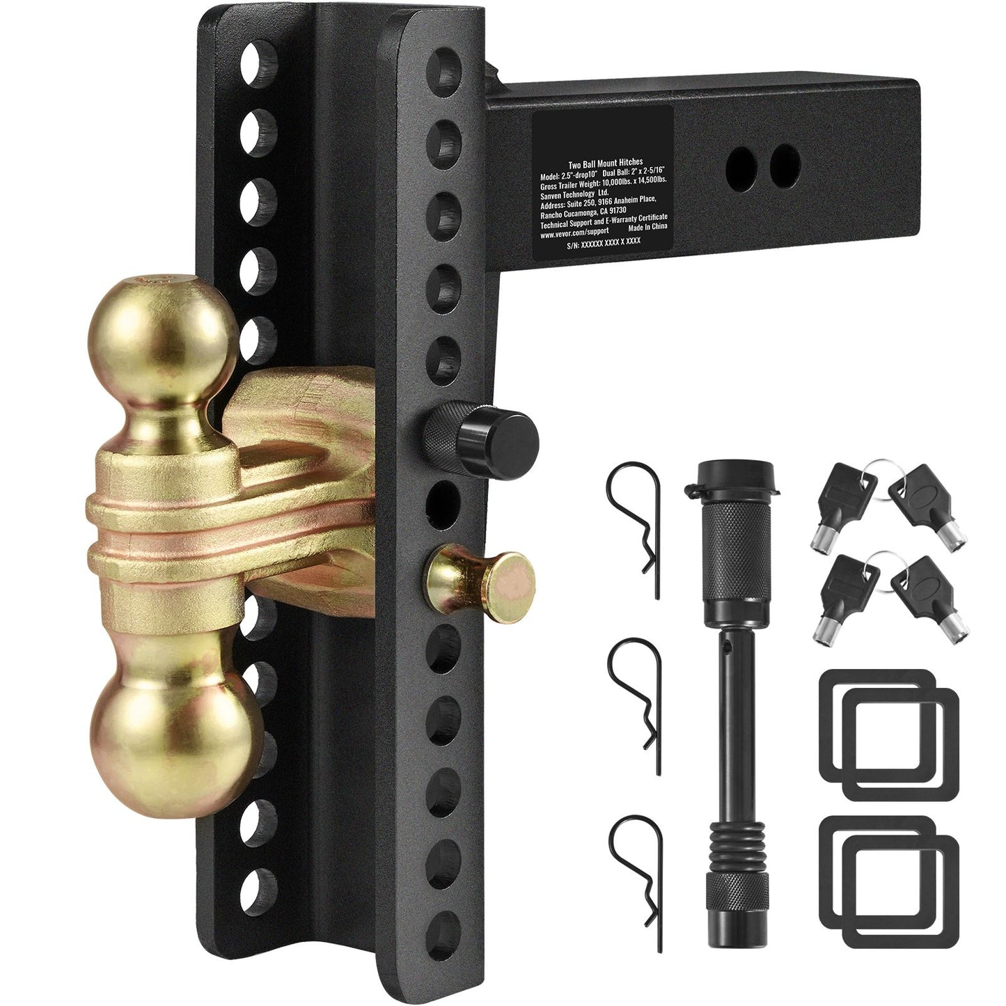 Adjustable Trailer Hitch, 25 cm Drop & 21.59 cm Rise Hitch Ball Mount with 6.35 cm Receiver Solid Tube, 6577 kgs GTW, 5.08 cm & 5.08-0.79 cm 45# Steel Tow Balls with Key Lock for Truck Towing