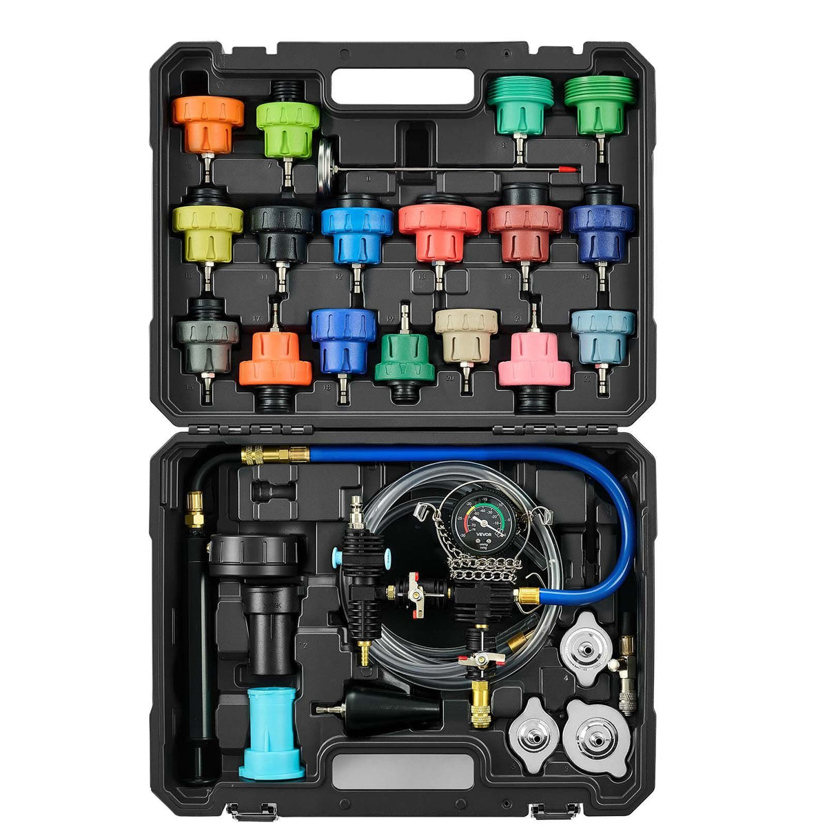 Coolant Pressure Tester Kit, 47Pcs Radiator Vacuum Refill Kit with 3 Metal Adapters, Universal Fit, Automotive Cooling System Pressure Tester Tool, with Pressures Pump & Plastic Filler