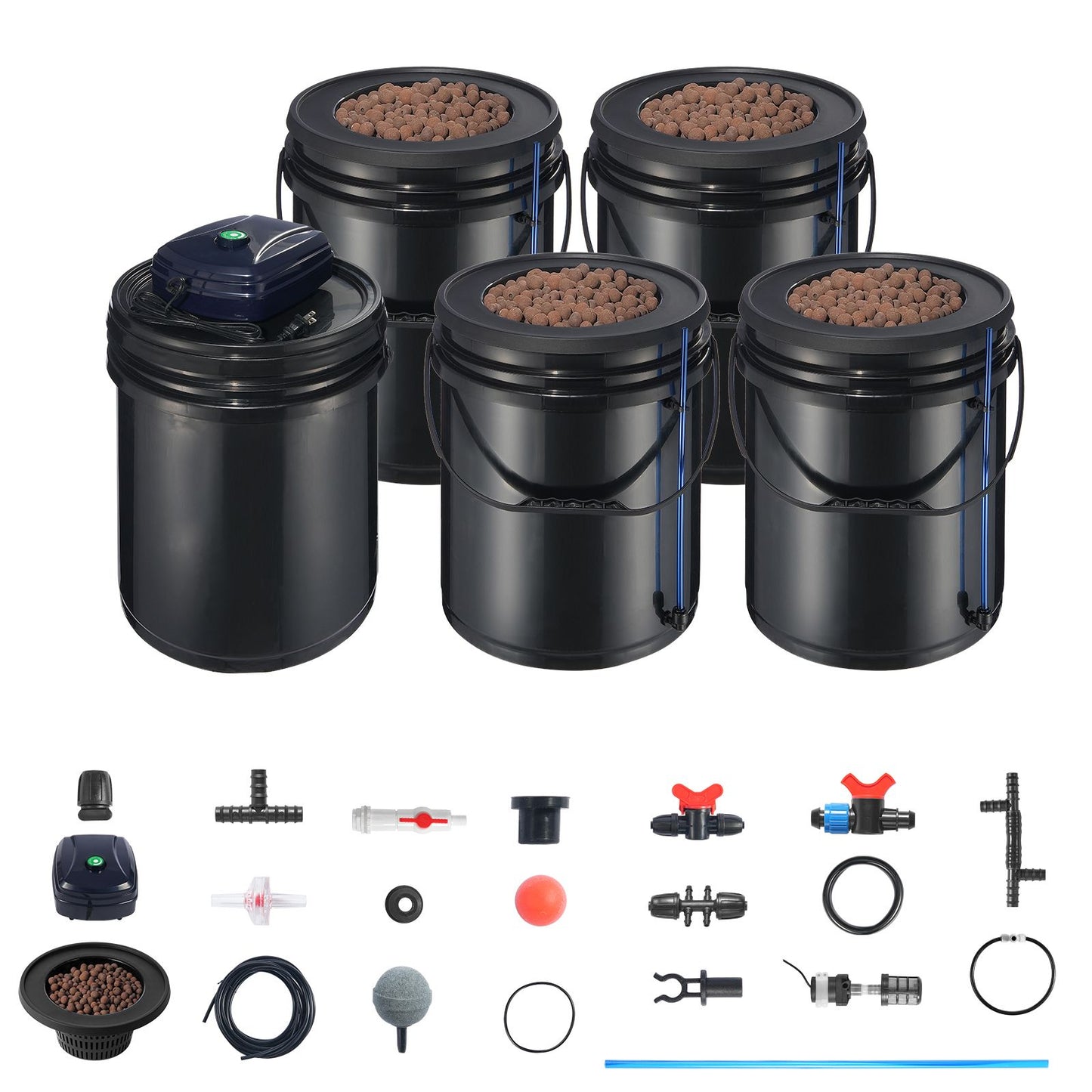 RDWC Hydroponics Grow System, Hydroponic Growing Kit with Top Drip, Recirculating Deep Water Culture 4 Buckles and 1 Reservoir, with Air Pump and Water Level Device for Leafy Vegetables