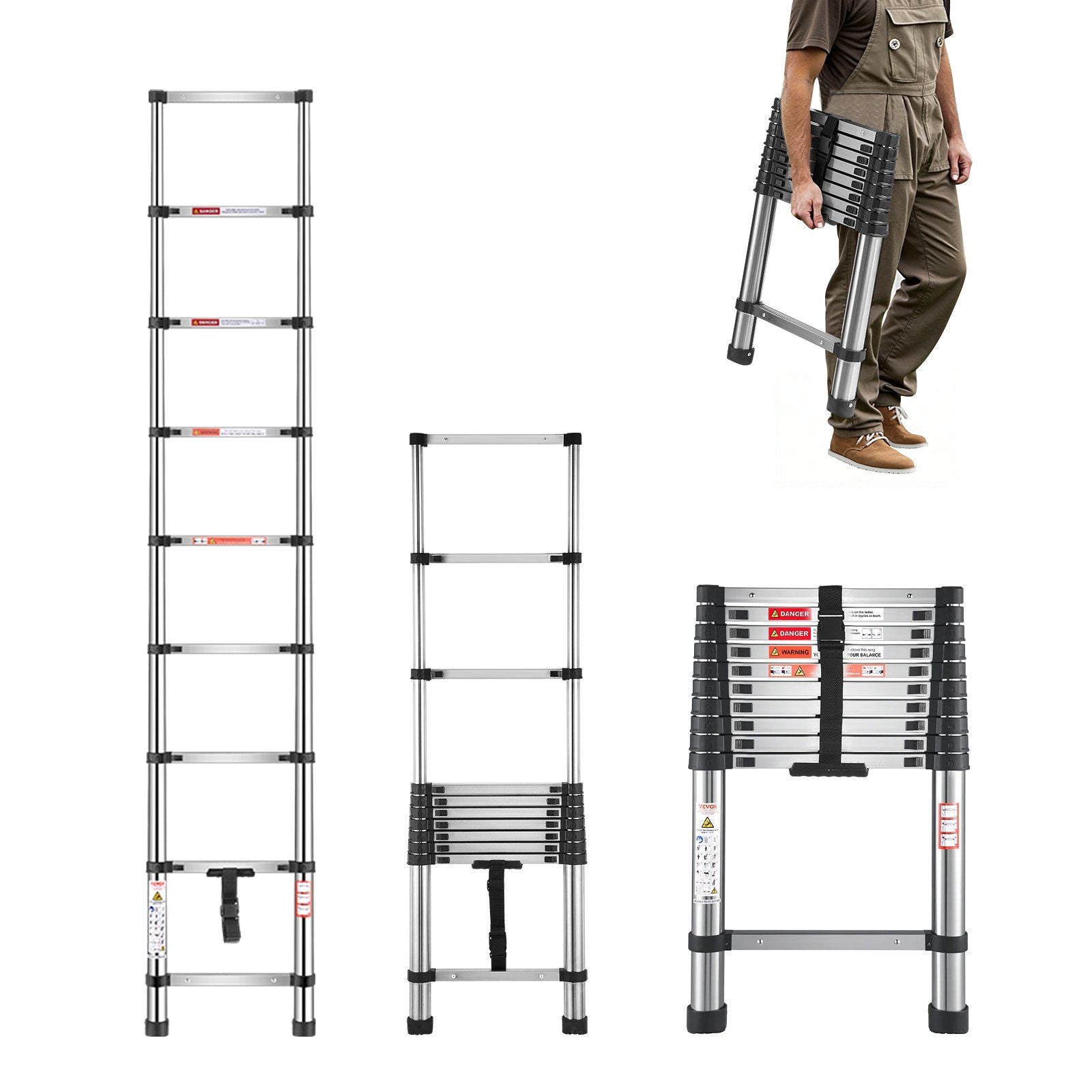 Telescoping Ladder, 2540mm Stainless Steel Lightweight Extension Ladder, Multi-Button Retraction Collapsible Ladders, 150 kg Capacity & Non-Slip Feet, Portable 9-Step Ladders for Home RV Loft