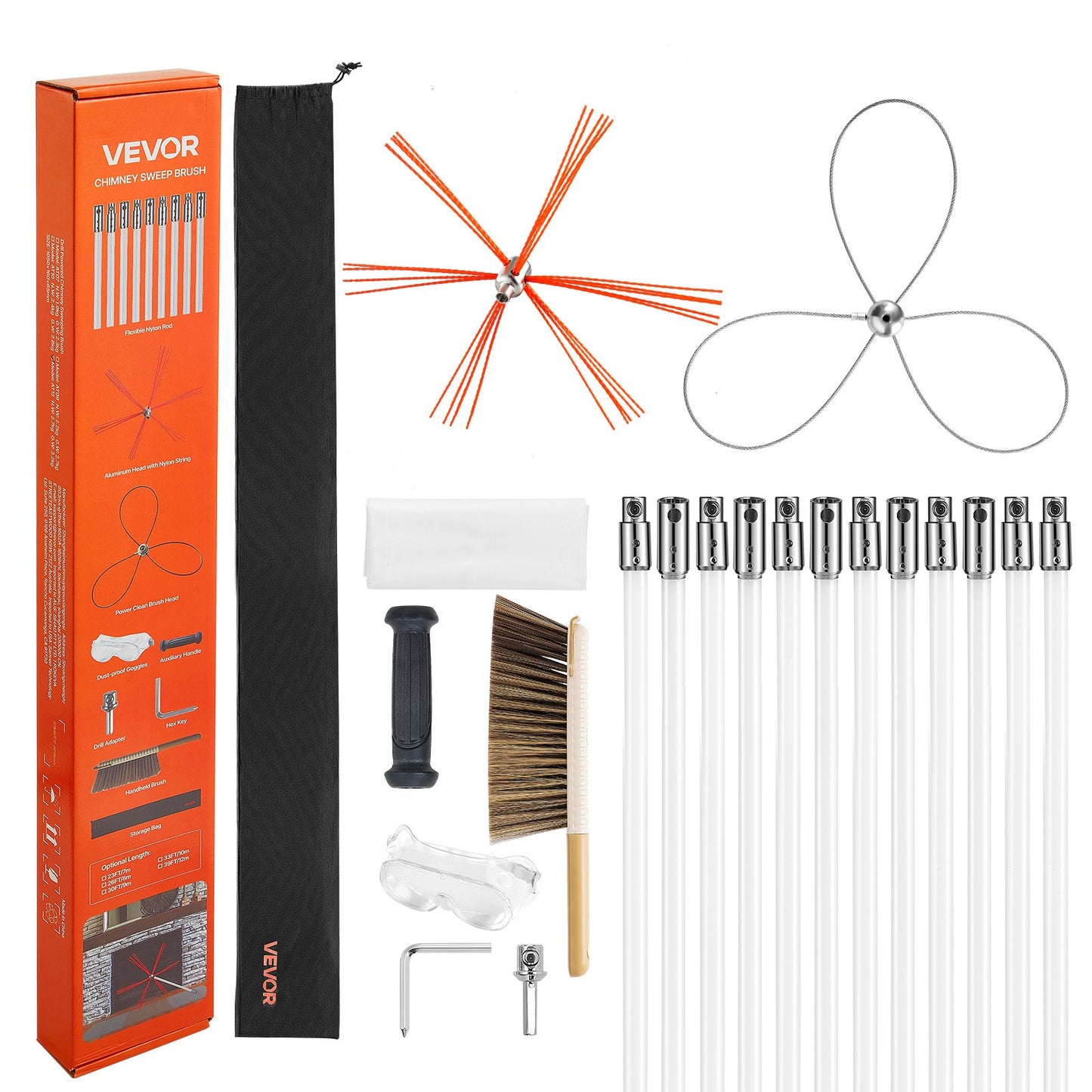 Chimney Sweep Kit, 12m Maximum Extendable Length Chimney Brush, Chimney Cleaner Sweeper with Dual Brush Heads, Brush & Goggles, Fireplace Cleaning Tool for Square, Rectangle, Arch Chimneys