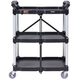 Foldable Utility Service Cart, 3 Shelf 165LBS Heavy Duty Plastic Rolling Cart with Lockable Wheels, Ergonomic Handle, Portable Garage Tool Cart for Warehouse/Office/Home(25.62"x15.43"x32.76")