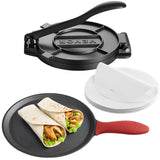 Tortilla Press, 250mm Cast Iron Tortilla and Roti Maker, Heavy Duty Tortilladora Press, Pataconera Makers with Handle and 100 Pcs Parchment Paper, Dough Taco Press for Flour Tortilla, Tawa