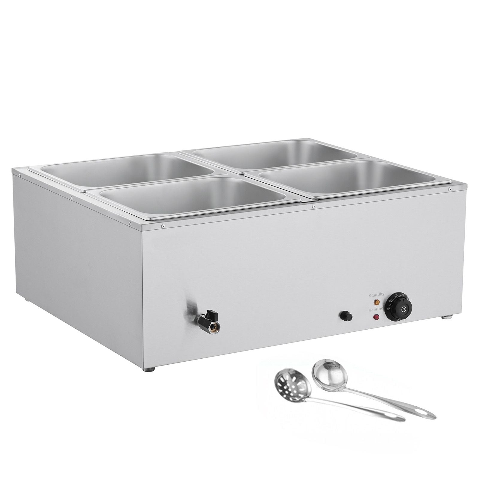 Commercial Food Warmer, 1500W Electric Stainless Steel Steam Food Warmer with Lid, 4-Pan Fast Heating Countertop Buffet Bain Marie with Soup & Perforated Ladles, for Catering, Restaurant, Party