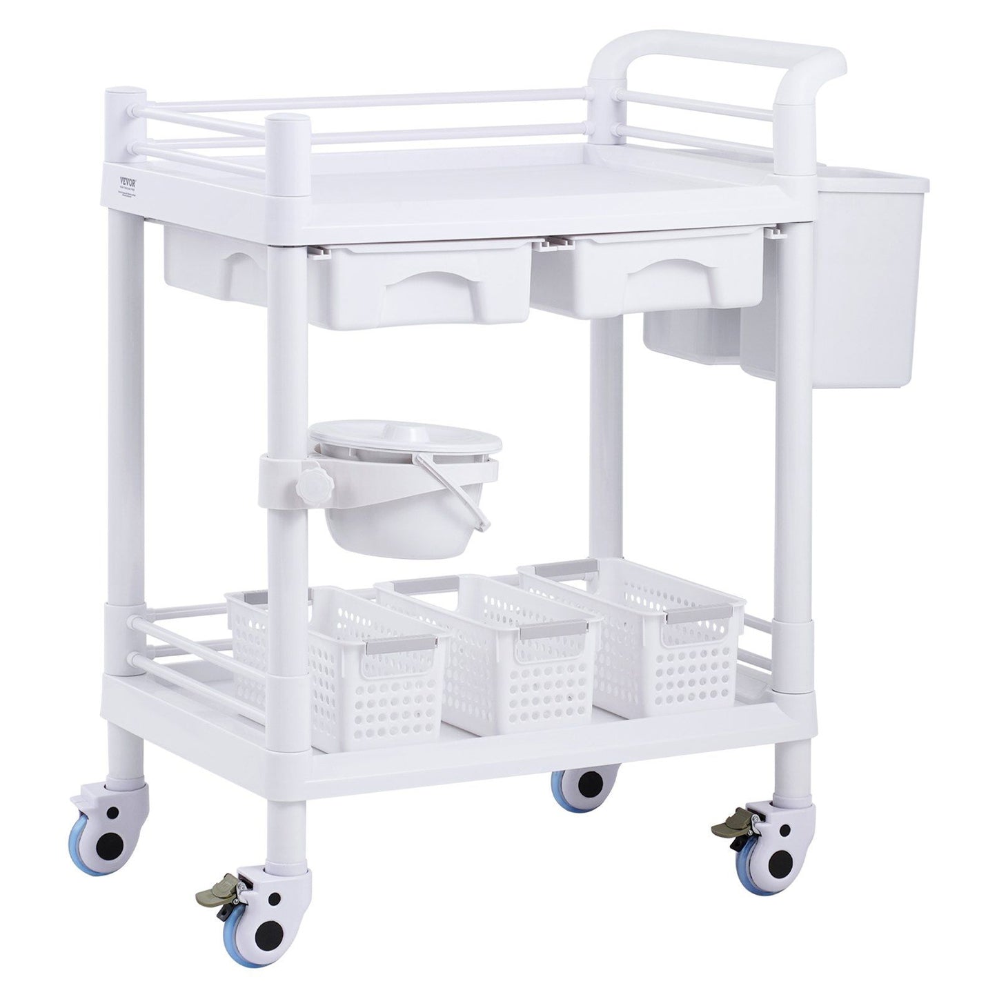 2 Tiers Lab Carts, Lab Utility Cart with 2 Trays, 2 Drawers & 4 Silent Wheels, Mobile Medical Cart with PP Material, Lab Rolling Cart with 3 Trash Cans for Lab, Clinic, Hospital, Salon, White
