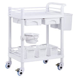 2 Tiers Lab Carts, Lab Utility Cart with 2 Trays, 2 Drawers & 4 Silent Wheels, Mobile Medical Cart with PP Material, Lab Rolling Cart with 3 Trash Cans for Lab, Clinic, Hospital, Salon, White