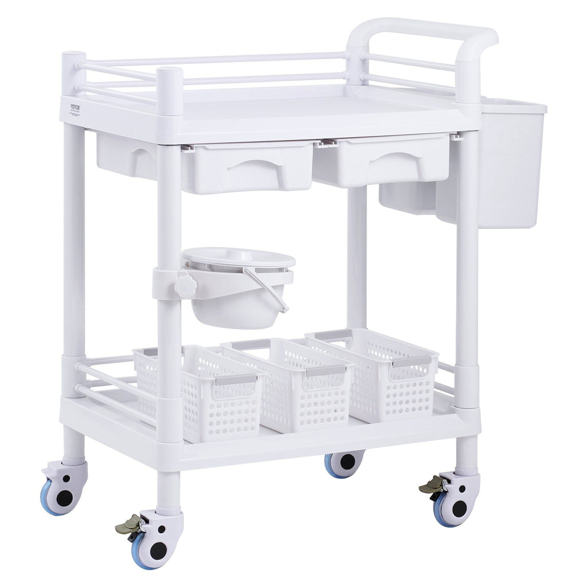 2 Tiers Lab Carts, Lab Utility Cart with 2 Trays, 2 Drawers & 4 Silent Wheels, Mobile Medical Cart with PP Material, Lab Rolling Cart with 3 Trash Cans for Lab, Clinic, Hospital, Salon, White