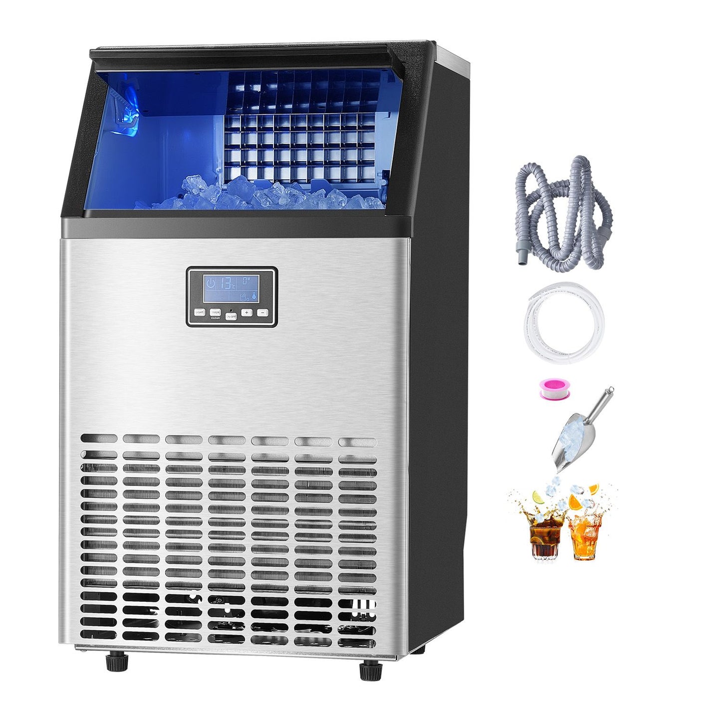 Commercial Ice Maker Machine, 100lbs/24H Ice Maker Machine with 33lbs Storage Capacity, 45 Ice Cubes in 15 Minutes, LED Digital Display Freestanding Self-Cleaning for Bar Office Restaurant