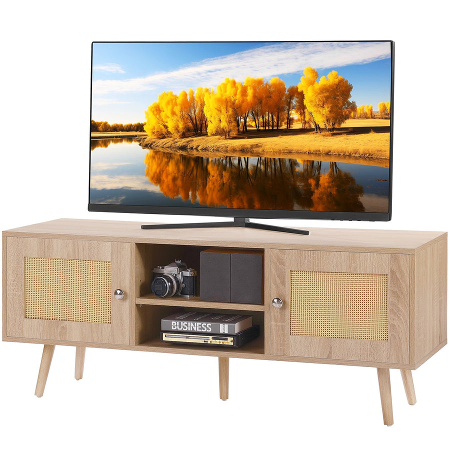 VEVOR Rattan TV Stand, Boho TV Cabinet for 55 inch TV, Mid Century Modern TV Stand, Rattan TV Console with Adjustable Shelfs for  Living Room, Media Room, Oak