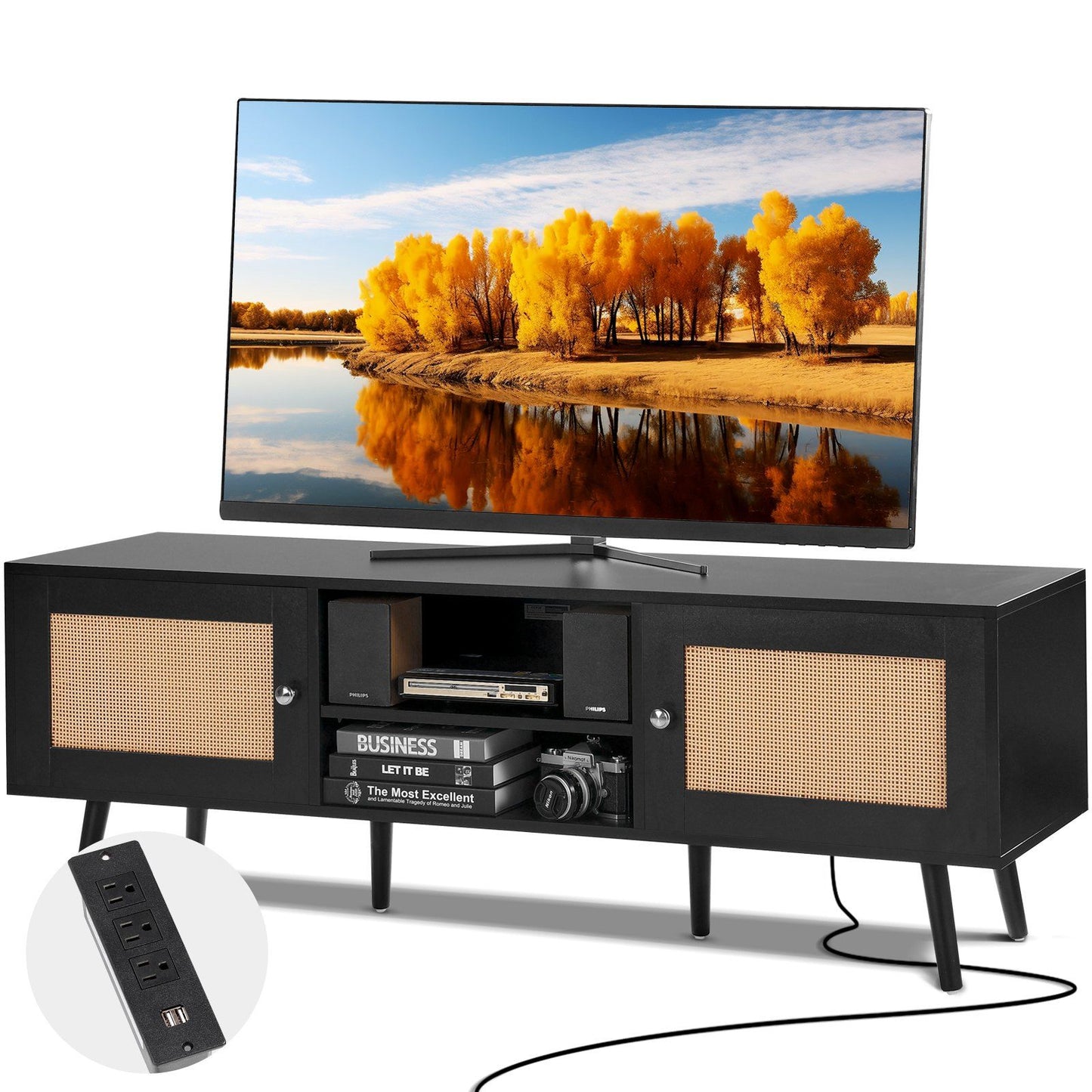 Rattan TV Stand for 65 inch TV, Boho TV Stand with Rattan Door, Entertainment Center with Build-in Socket and USB Ports, Modern TV Console for Living Room, Media Room, Black