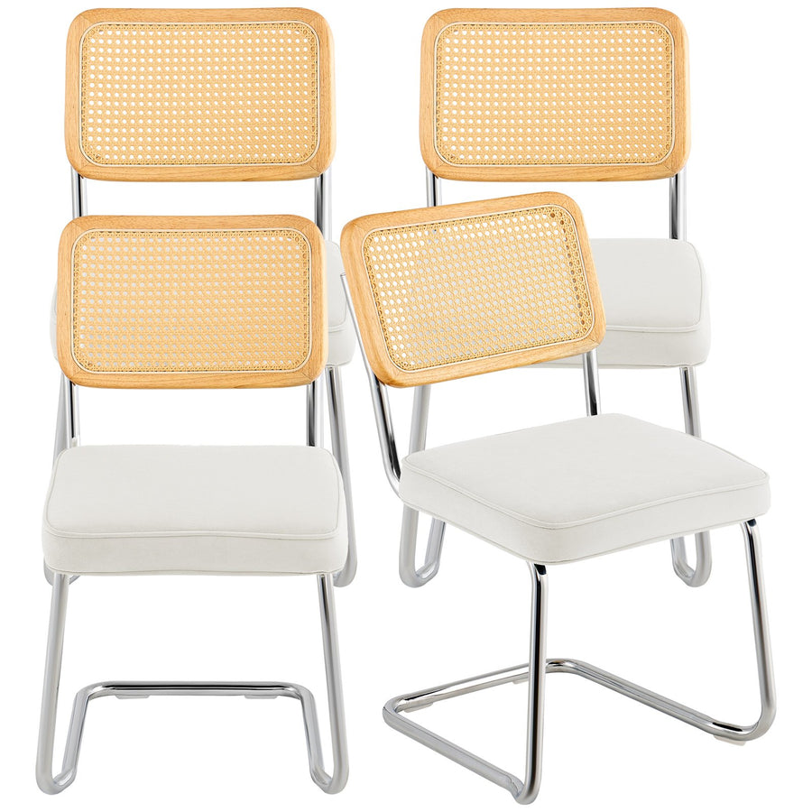 VEVOR Rattan Chairs, Set of 4, Mid Century Modern Dining Chair, Upholstered Velvet Accent Chair with Rattan Back, Retro Dining Room Kitchen Chair for Living Room, Bedroom, Reading Room, Office, White