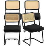 Rattan Chairs, Set of 4, Mid Century Modern Dining Chair, Upholstered Velvet Accent Chair with Rattan Back, Retro Dining Room Kitchen Chair for Living Room, Bedroom, Reading Room, Office, Black