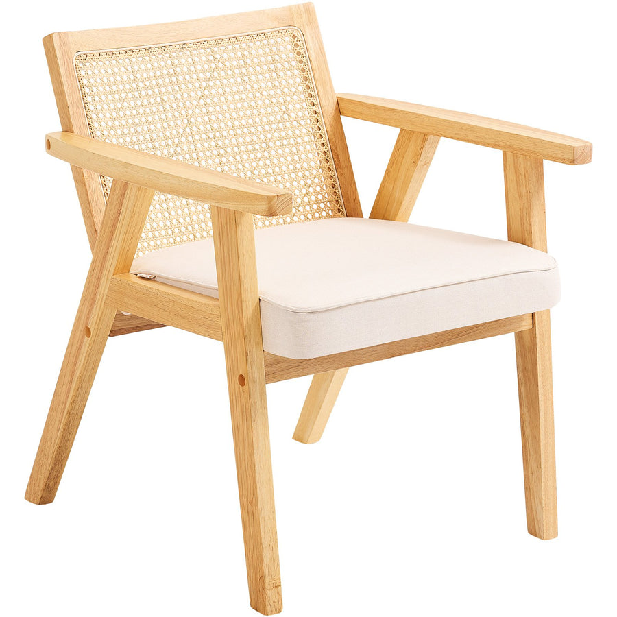 VEVOR Rattan Chair, Mid Century Modern Dining Chair with Armrest, Upholstered Chair with Rattan Back, Retro Rattan Dining Room Kitchen Chair for Living Room, Bedroom, Reading Room, and Office, Beige