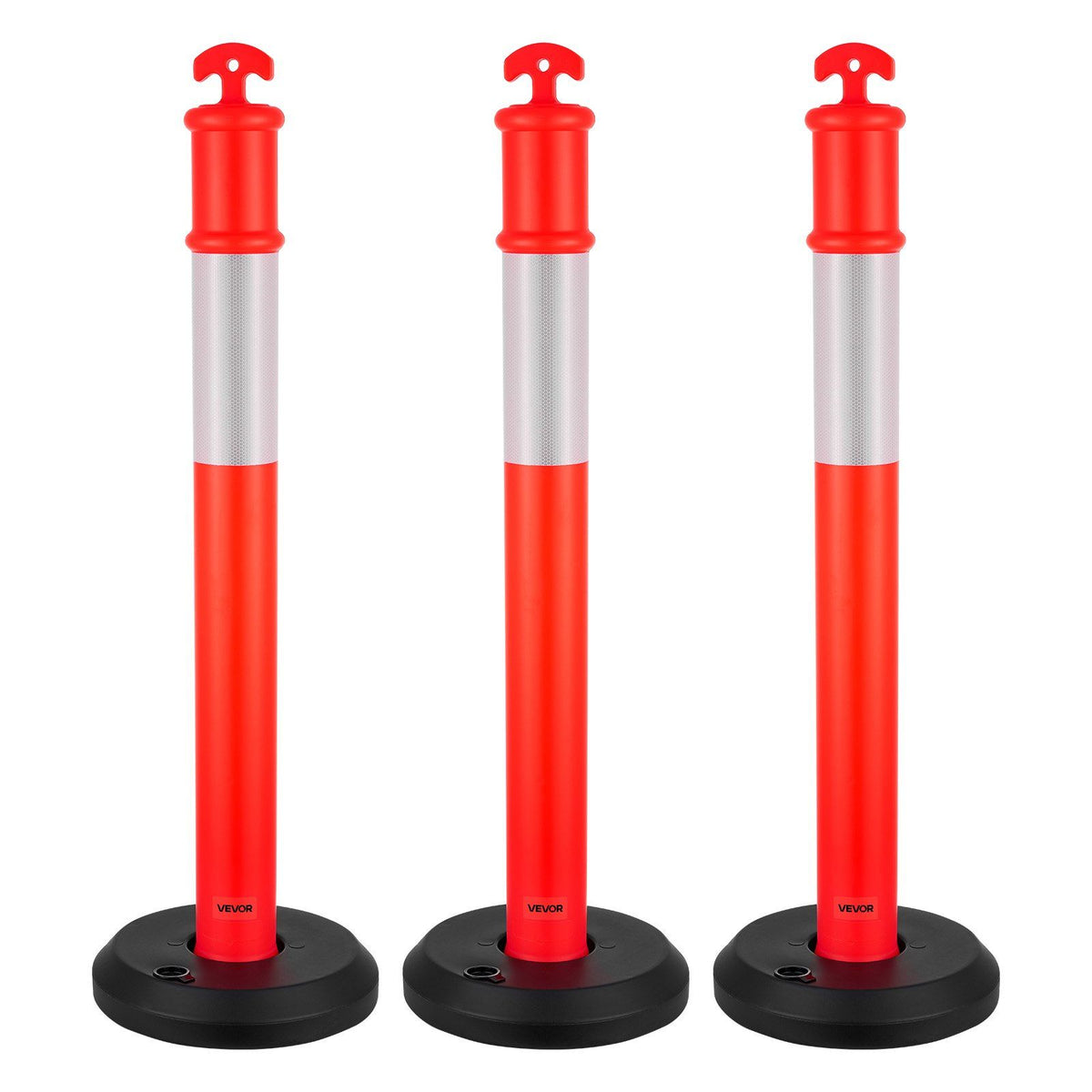 3 Pack Traffic Delineator Posts, 1140 mm Traffic Safety Cones with Fillable Base and Reflective Strips, Heavy Duty Delineator Posts for Construction Site, Parking Lot, Crowd Control, Red