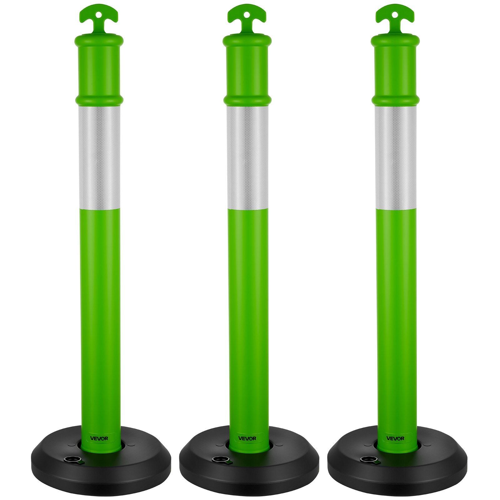 3 Pack Traffic Delineator Posts, 1140 mm Traffic Safety Cones with Fillable Base and Reflective Strips, Heavy Duty Delineator Posts for Construction Site, Parking Lot, Crowd Control, Green