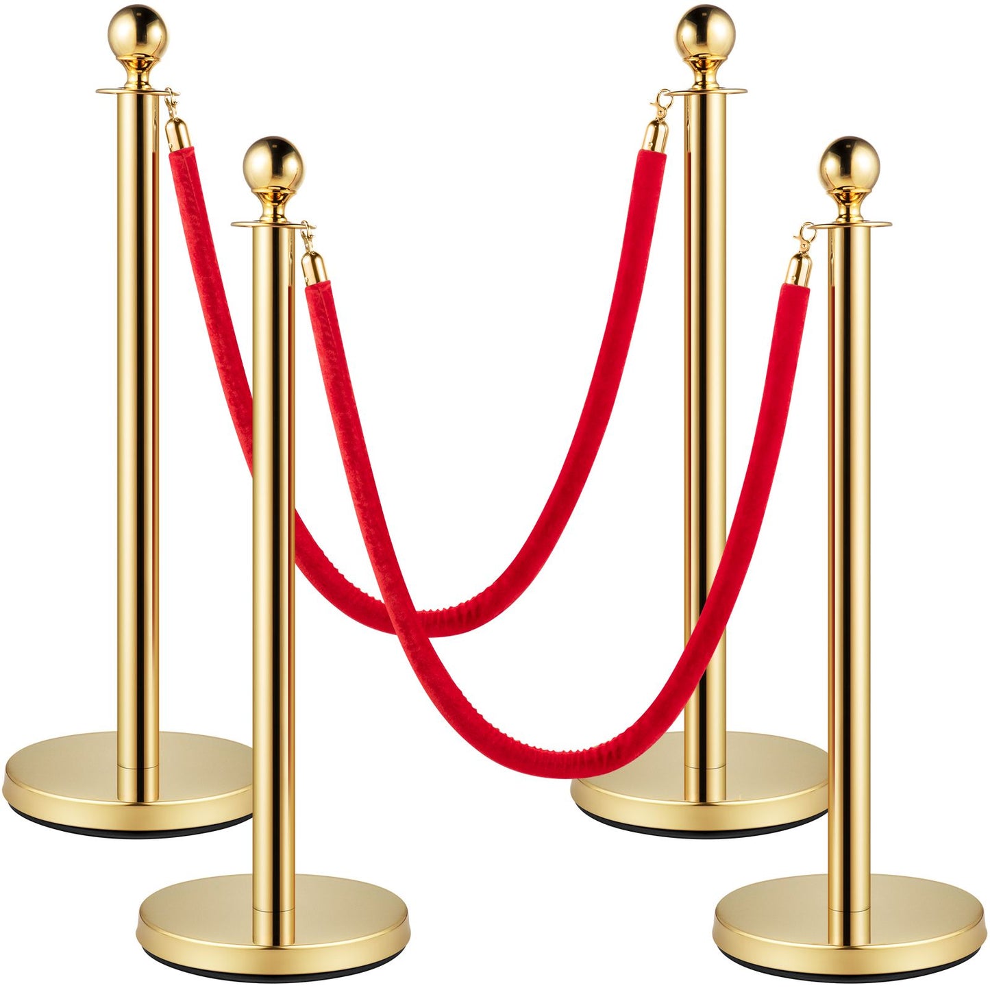 Velvet Ropes and Posts, 5 ft/1.5 m Red Rope, Stainless Steel Gold Stanchion with Ball Top, Red Crowd Control Barrier Used for Theaters, Party, Wedding, Exhibition, Ticket Offices 4 packSets