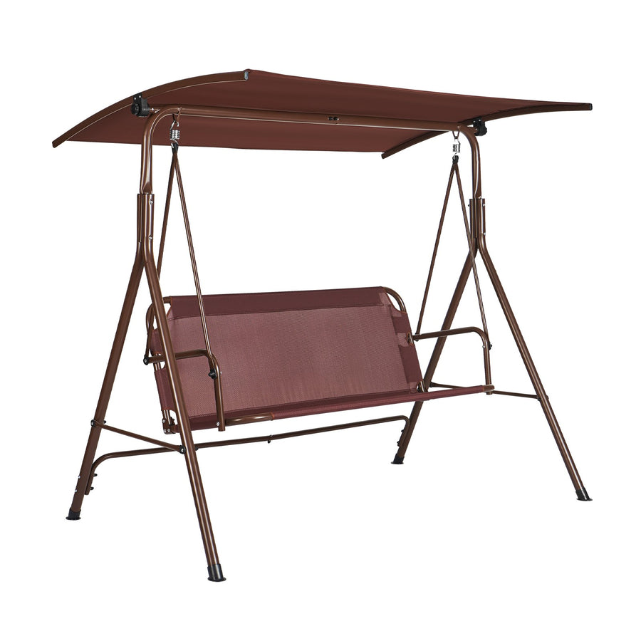 VEVOR 3-Person Patio Swing Chair, Outdoor Patio Swing with Adjustable Canopy, Porch Swing with Armrests, Teslin Fabric and Alloy Steel Frame, for Balcony, Backyard, Patio, Garden, Poolside, Brown