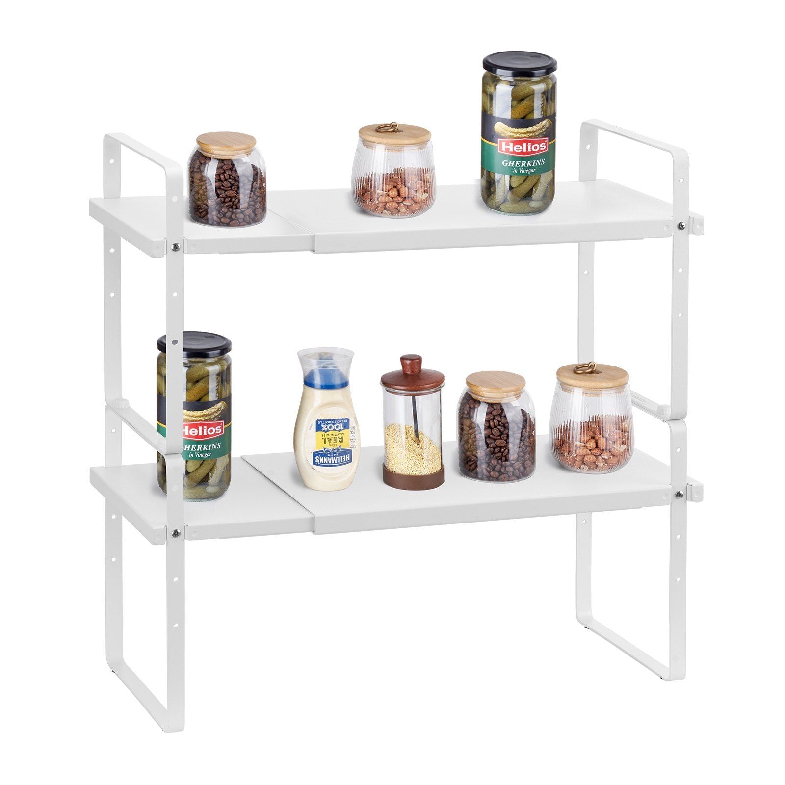 Adjustable Kitchen Cabinet Shelf Organizer, Expandable 2 Tier Cabinet Shelf, Stackable Countertop Organizers and Storage Shelf Risers, Pantry Organizers for Kitchen Bathroom Office, White