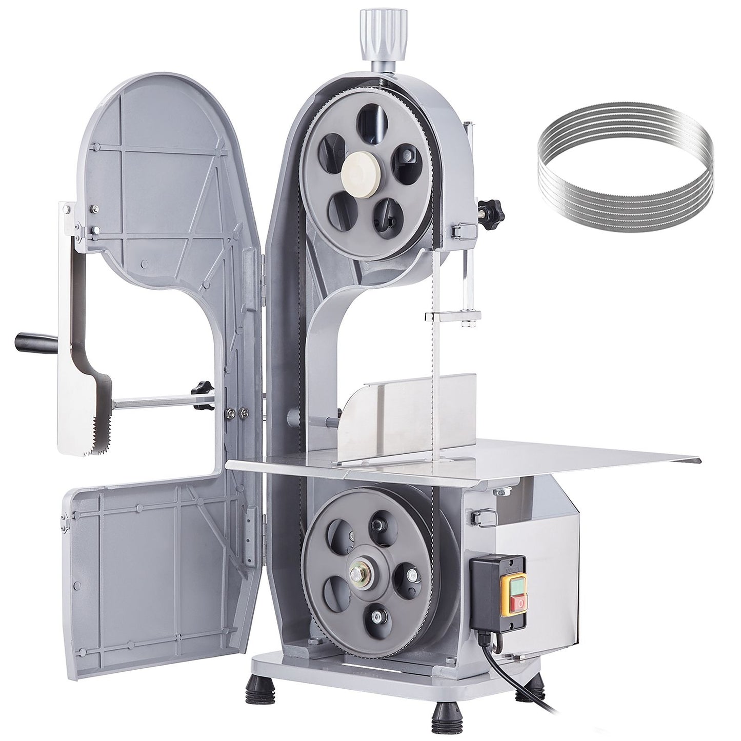 Commercial Electric Meat Bandsaw, 1100W Stainless Steel Countertop Bone Sawing Machine, Workbeach 19.3" x 15", 0.16-7.9 Inch Cutting Thickness, Frozen Meat Cutter with 6 Blades for Rib Pork Beef