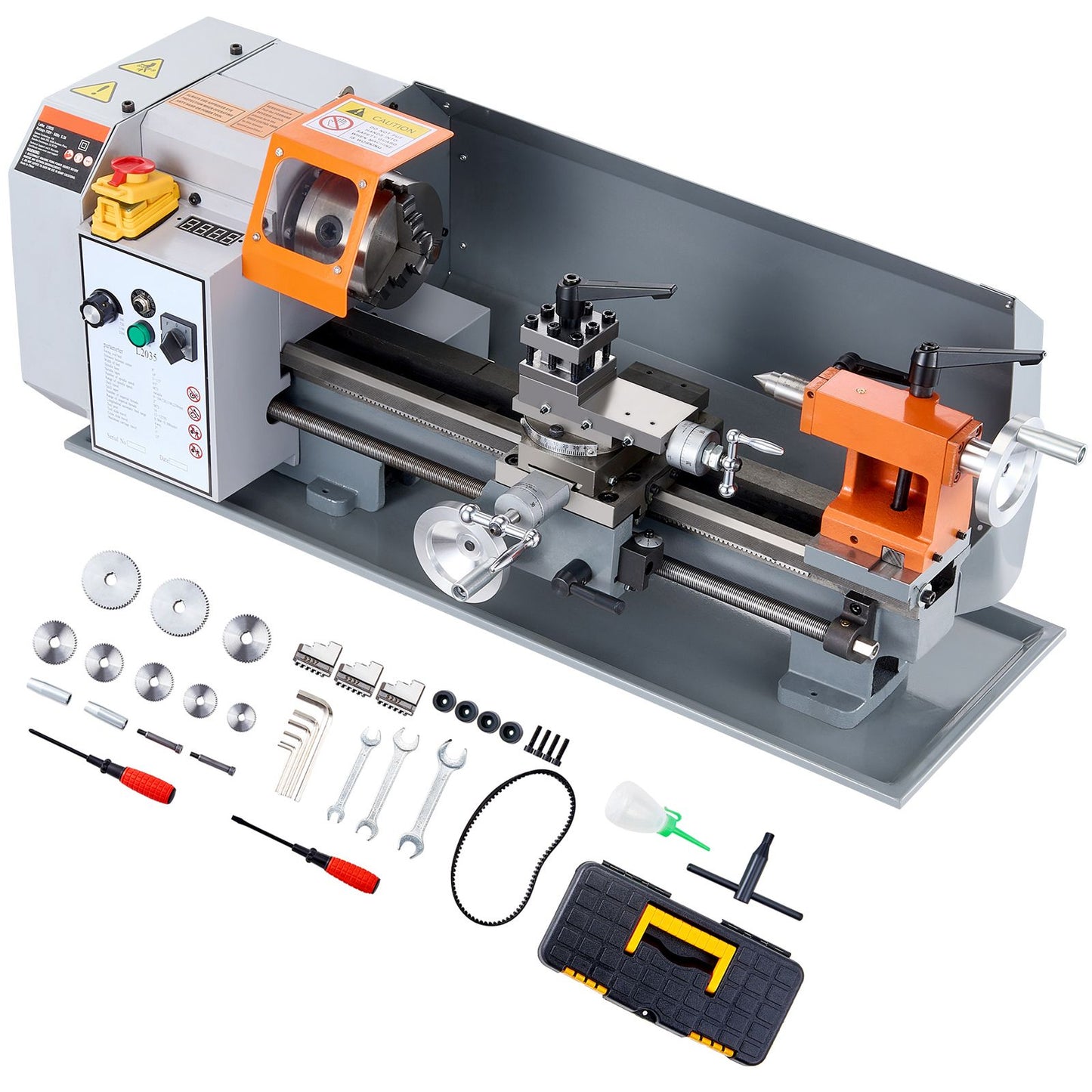 Metal Lathe Machine, 200 mm x 350 mm, Precision Benchtop Power Metal Lathe, 50-2500 RPM Continuously Variable Speed, 600W Brush Motor Metal Gears, with Tool Box for Processing Precision Parts