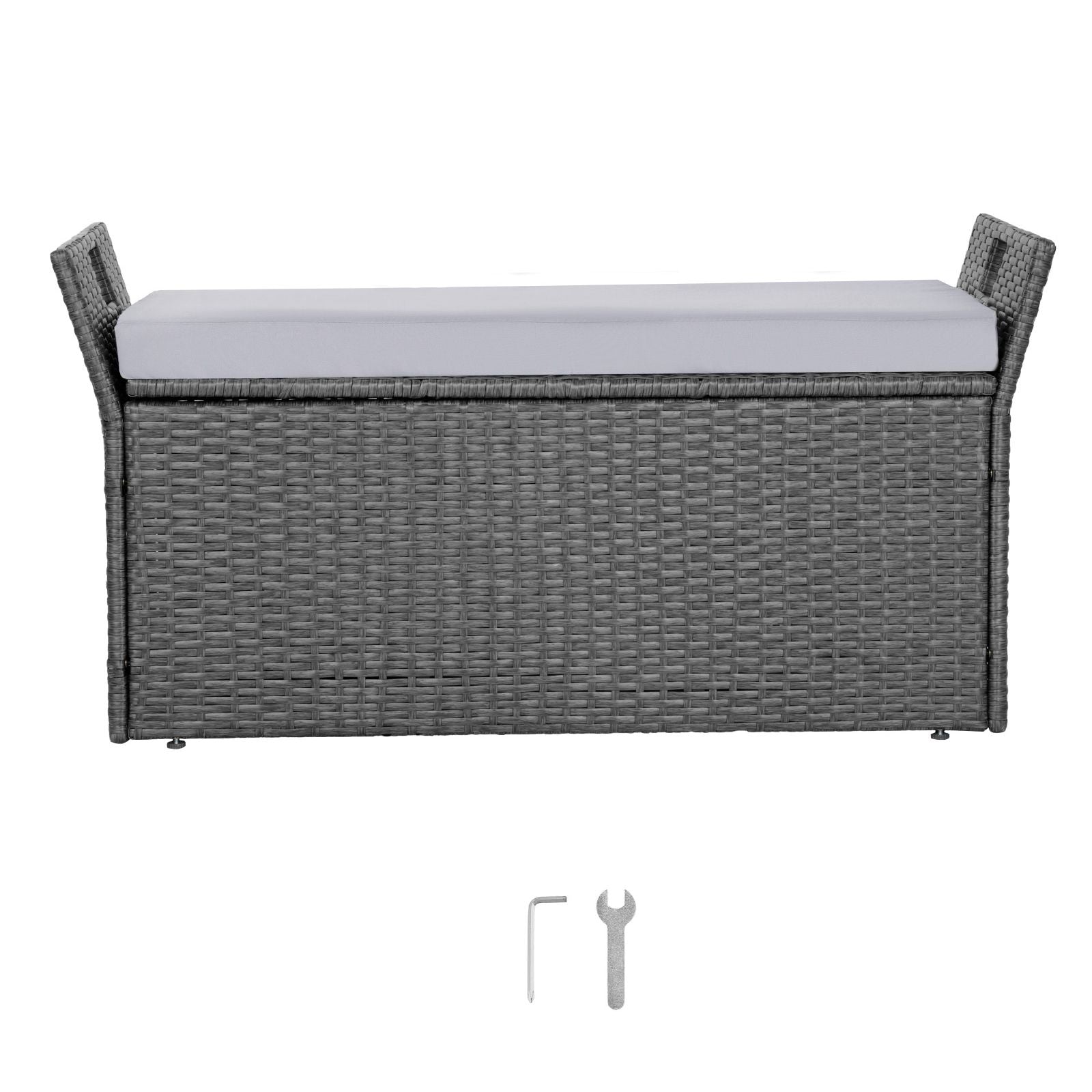Outdoor Storage Bench, 2-Person PE Rattan Storage Bench, 151L Deck Box with Cushion & Side Handle, Supports up to 181kg, Weatherproof Outdoor Seating & Porch Decor for Patio Garden Balcony