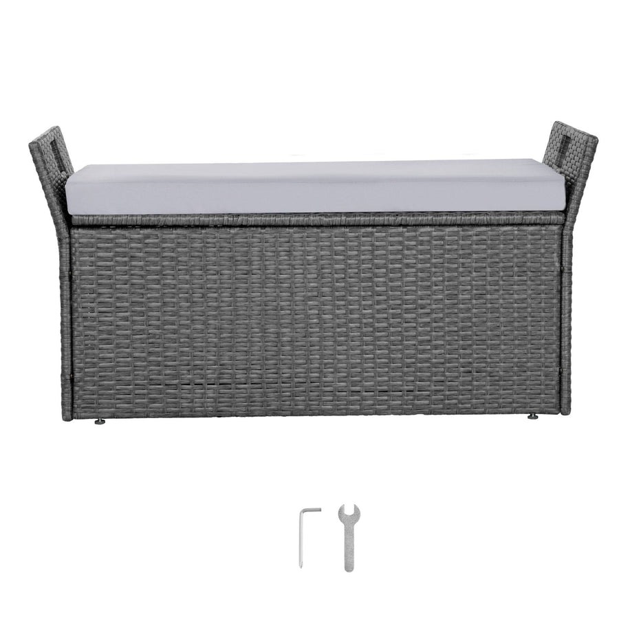 Outdoor Storage Bench, 2-Person PE Rattan Storage Bench, 151L Deck Box with Cushion & Side Handle, Supports up to 181kg, Weatherproof Outdoor Seating & Porch Decor for Patio Garden Balcony