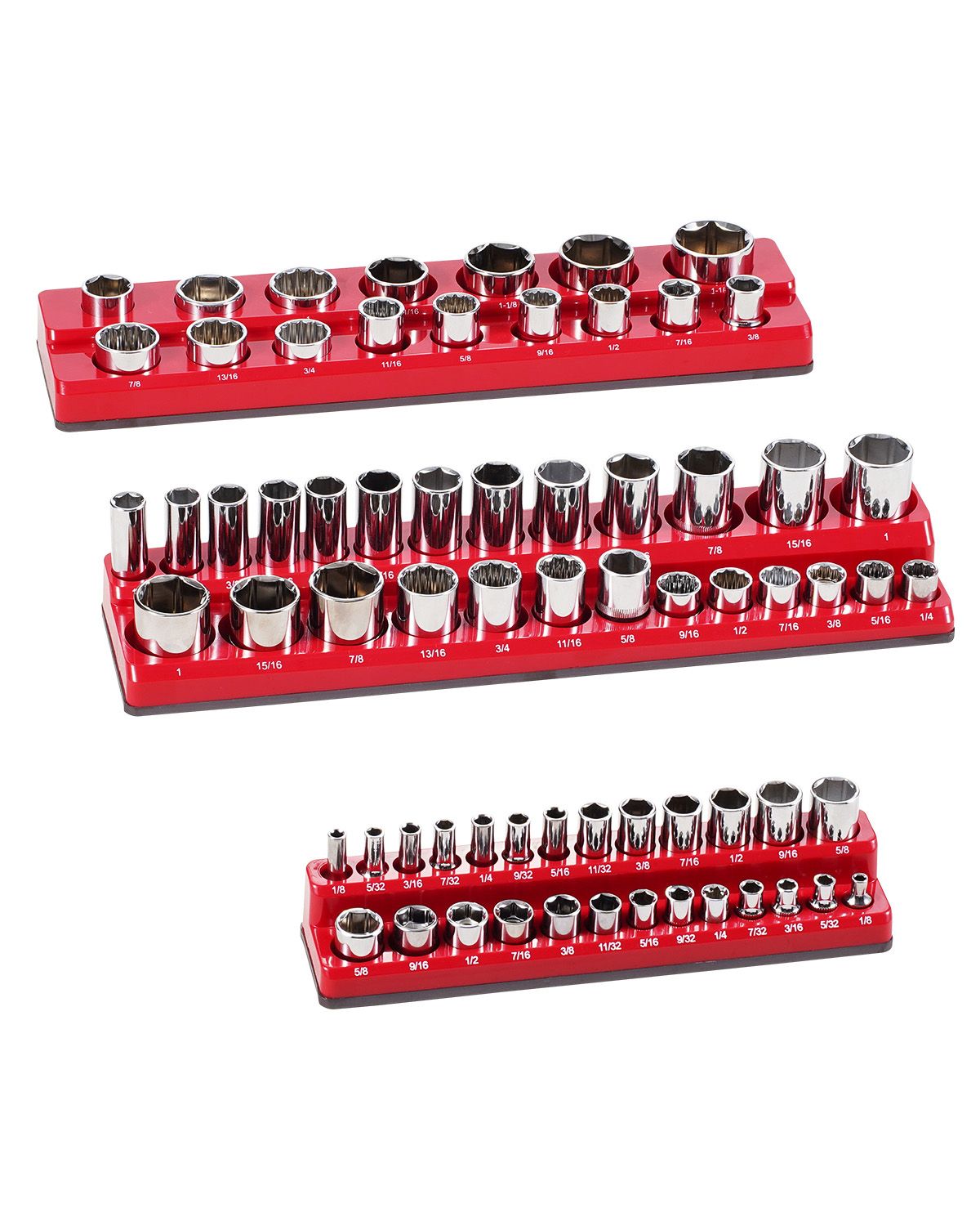 Magnetic Socket Organizer Set, 3PCS Magnetic Socket Holder, 1/4'', 3/8'' & 1/2'' SAE Socket Trays with Clear Labels, Hold up to 68PCS Standard & Deep Sockets, Red (Sockets Not Included)