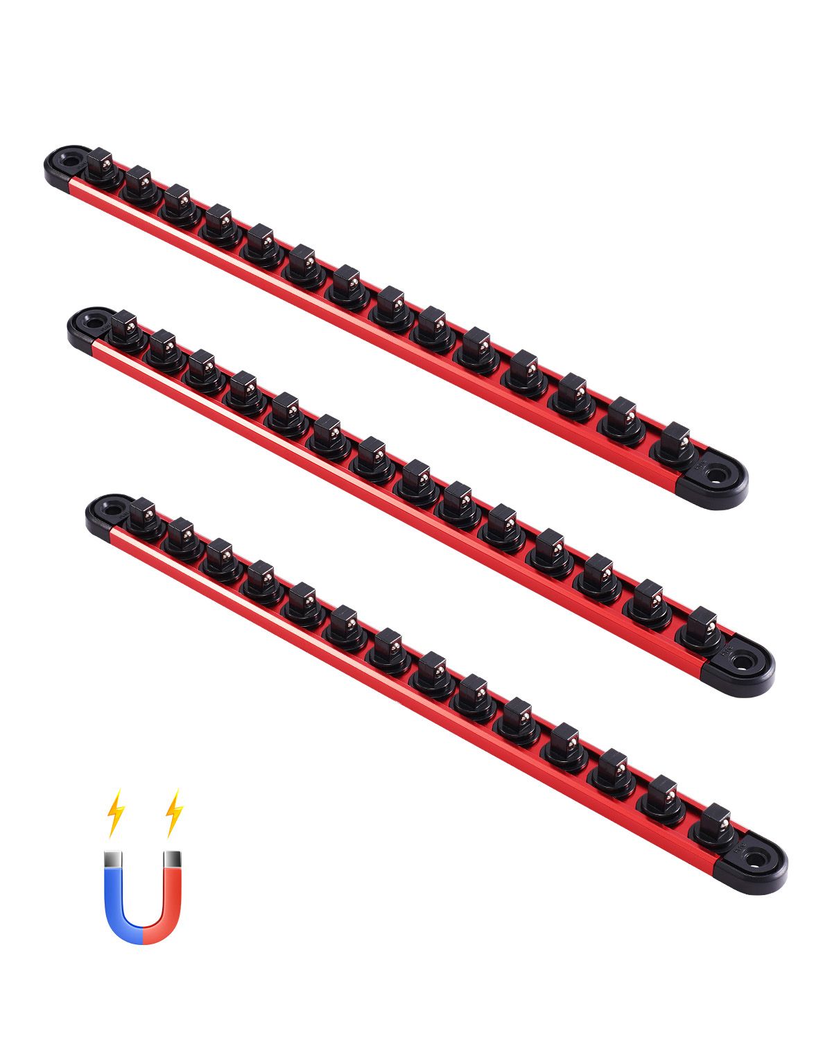 Socket Organizer Rail Set, 3PCS Metric & SAE Aluminum Socket Organizers, 1/4'', 3/8'' & 1/2'' Heavy-Duty Socket Holder with 360° Rotating Clips for Tool Box, Hold up to 40 Sockets, Red & Black